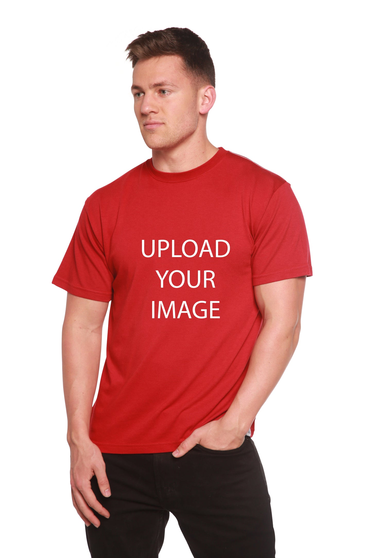 Custom Printed Men's Bamboo Viscose/Organic Cotton Short Sleeve T-Shirt in red worn by a man on Tampa Home & Garden Store