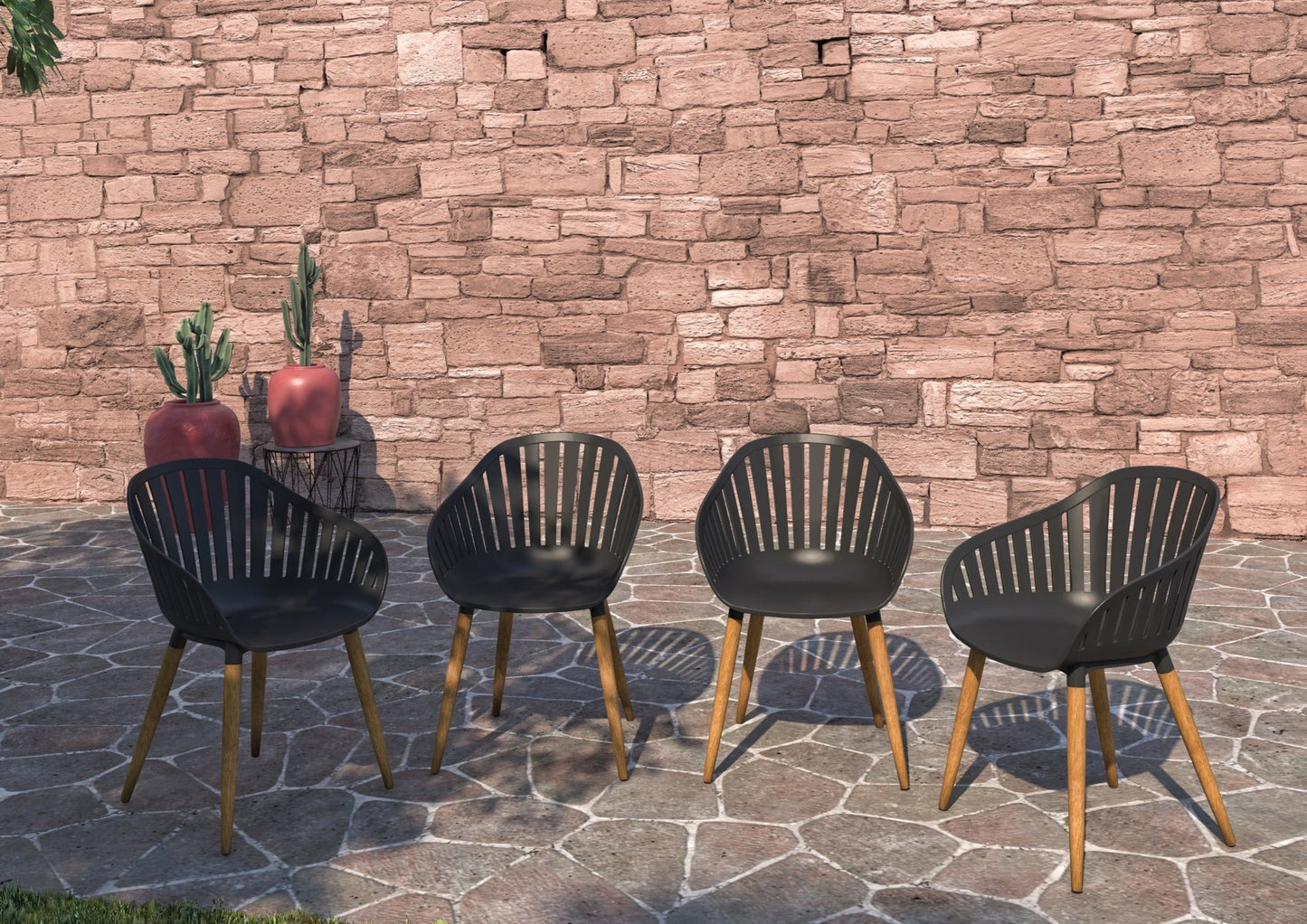 Nassau Chairs Resin and Wood outdoor chairs 4-piece set black with wooden legs LifestyleGarden US on Tampa Home & Garden Store