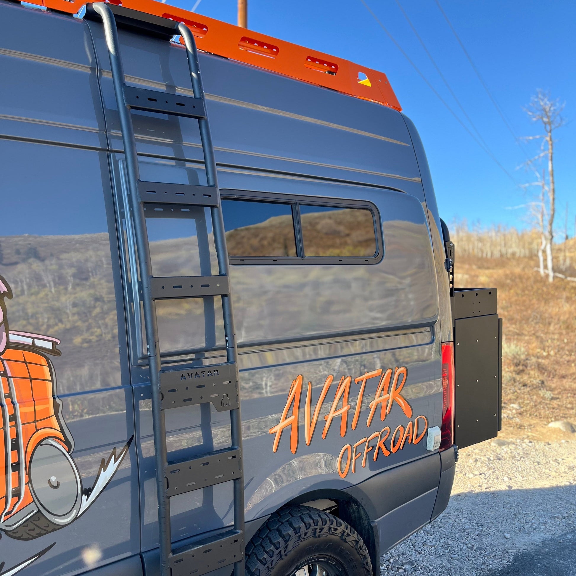 Mercedes Sprinter side ladder by Avatar Offroad; black powder-coated steel with perforated rungs on Tampa Home & Garden Store