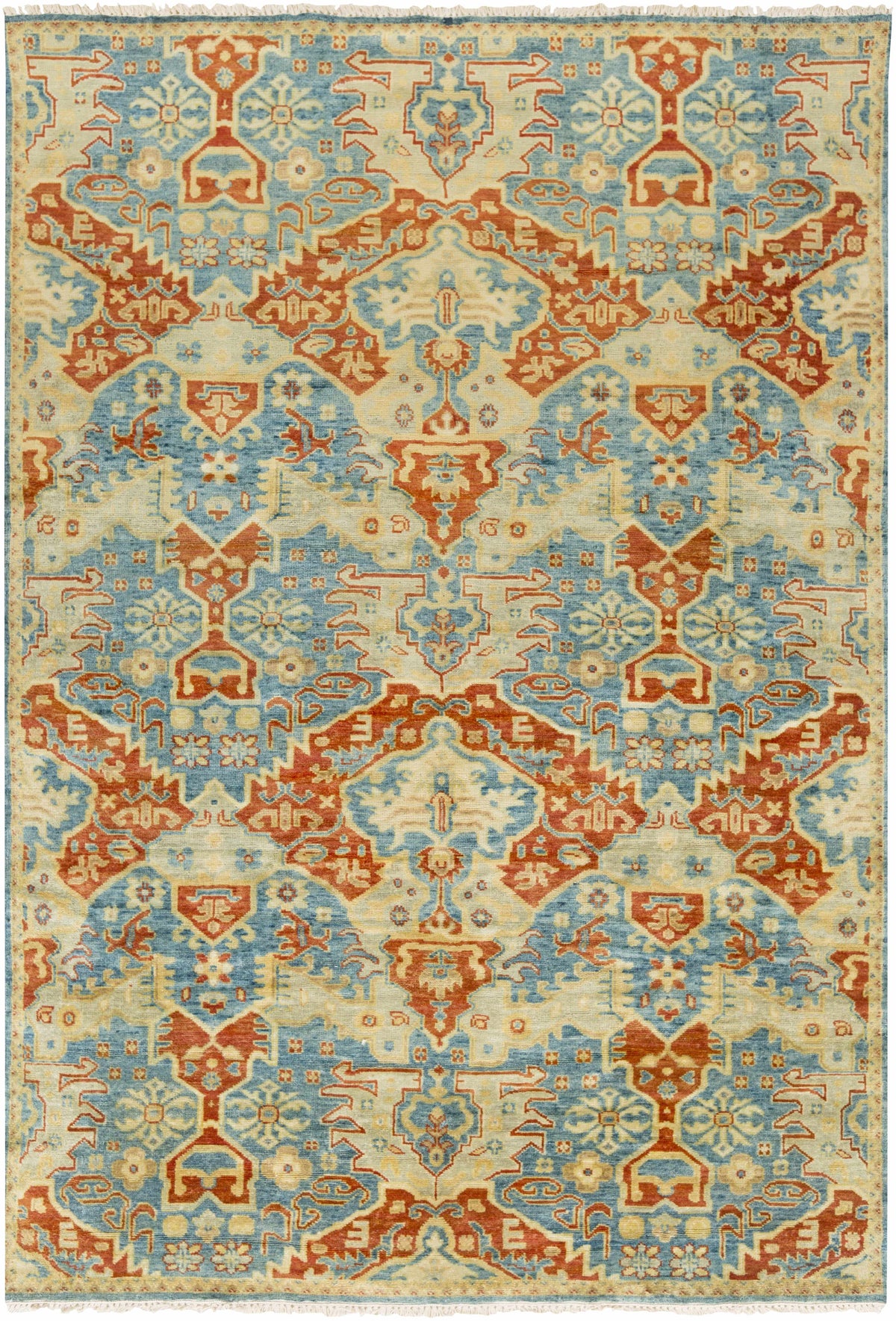 Boutique Rugs Cutler Wool Runner Rug in cream, orange and blue with ornate geometric medallions on Tampa Home & Garden Store