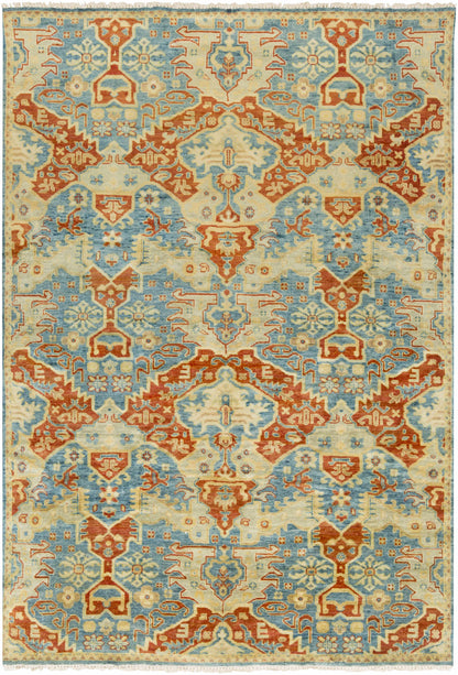 Boutique Rugs Cutler Wool Runner Rug in cream, orange and blue with ornate geometric medallions on Tampa Home & Garden Store