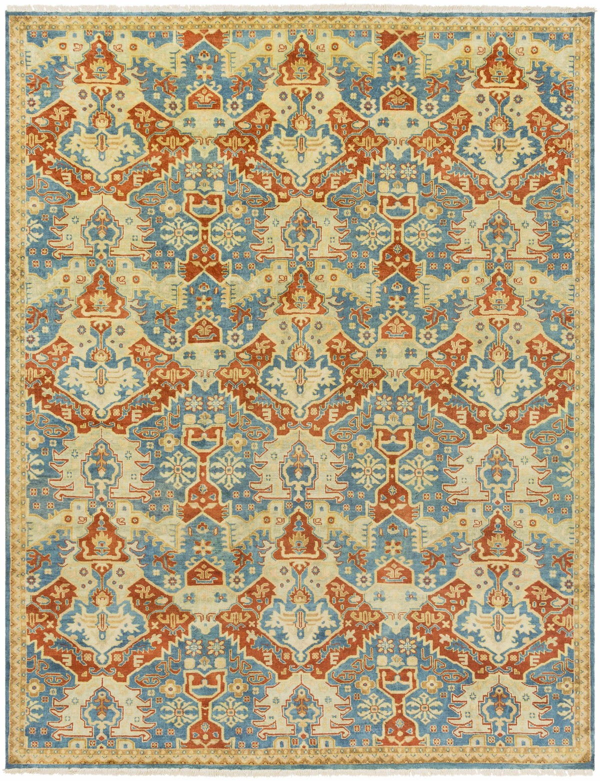 Boutique Rugs Cutler Cream/Orange Wool Runner Rug with blue and cream pattern, fringed ends on Tampa Home & Garden Store