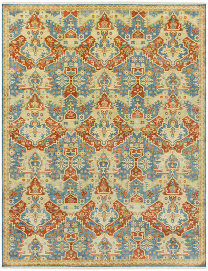 Boutique Rugs Cutler Cream/Orange Wool Runner Rug with blue and cream pattern, fringed ends on Tampa Home & Garden Store