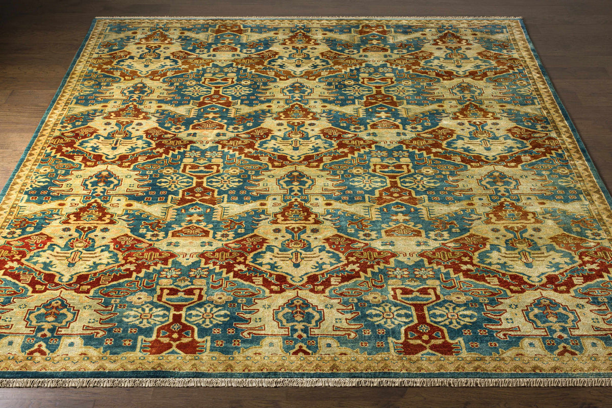 Cutler Cream/Orange Wool Runner Rug by Boutique Rugs; cream field with blue and rust fringe on Tampa Home & Garden Store