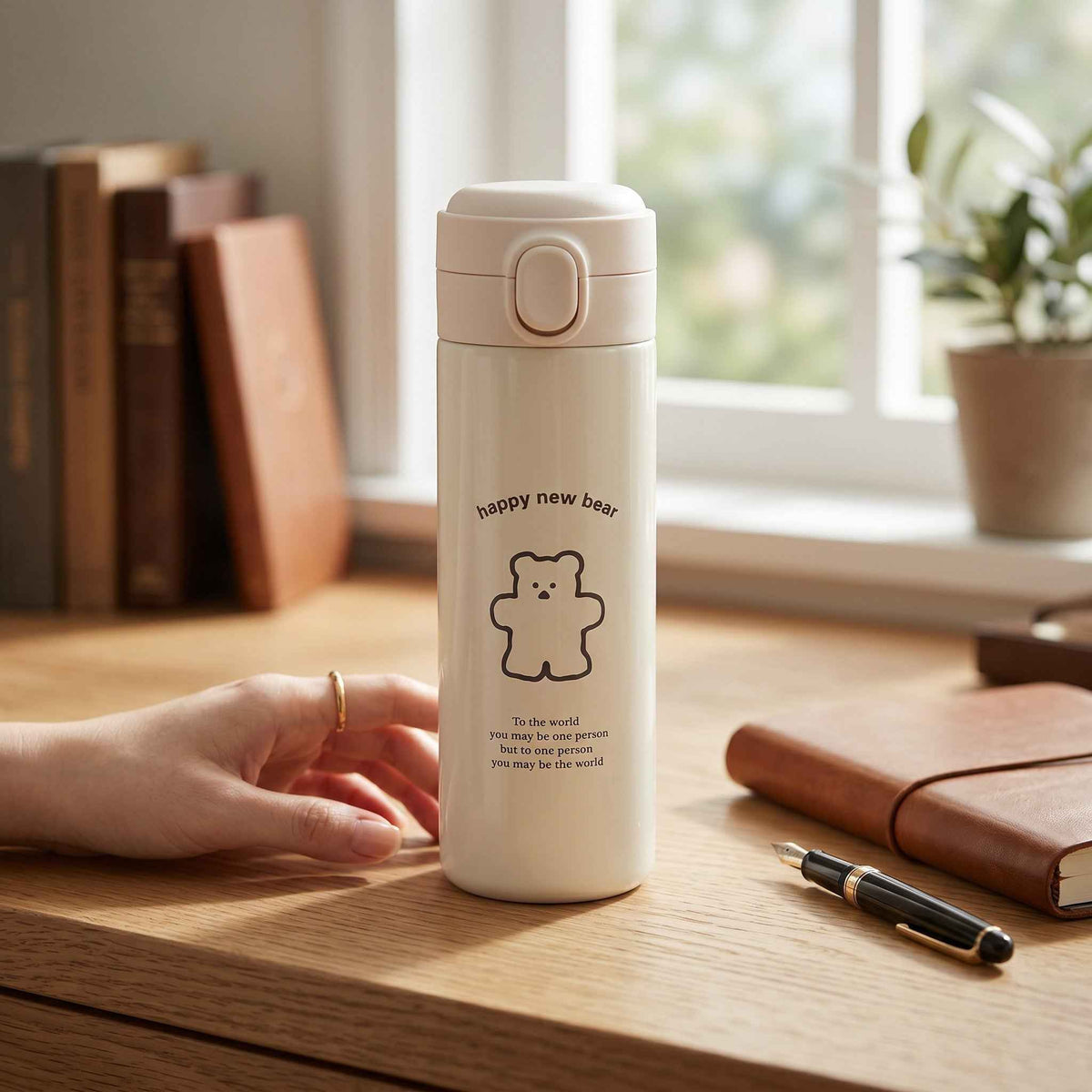 Shaketea Cute Bear Travel Flask water bottle with flip-top lid, cream, bear illustration on Tampa Home & Garden Store