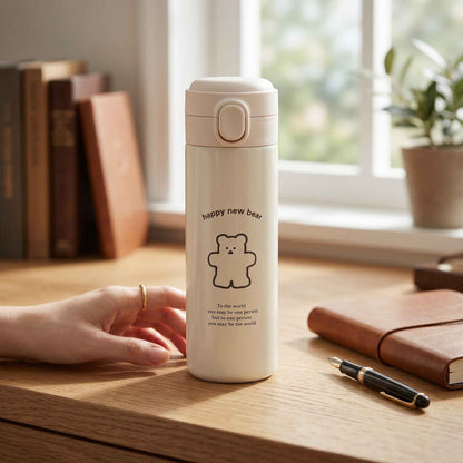Shaketea Cute Bear Travel Flask water bottle with flip-top lid, cream, bear illustration on Tampa Home & Garden Store