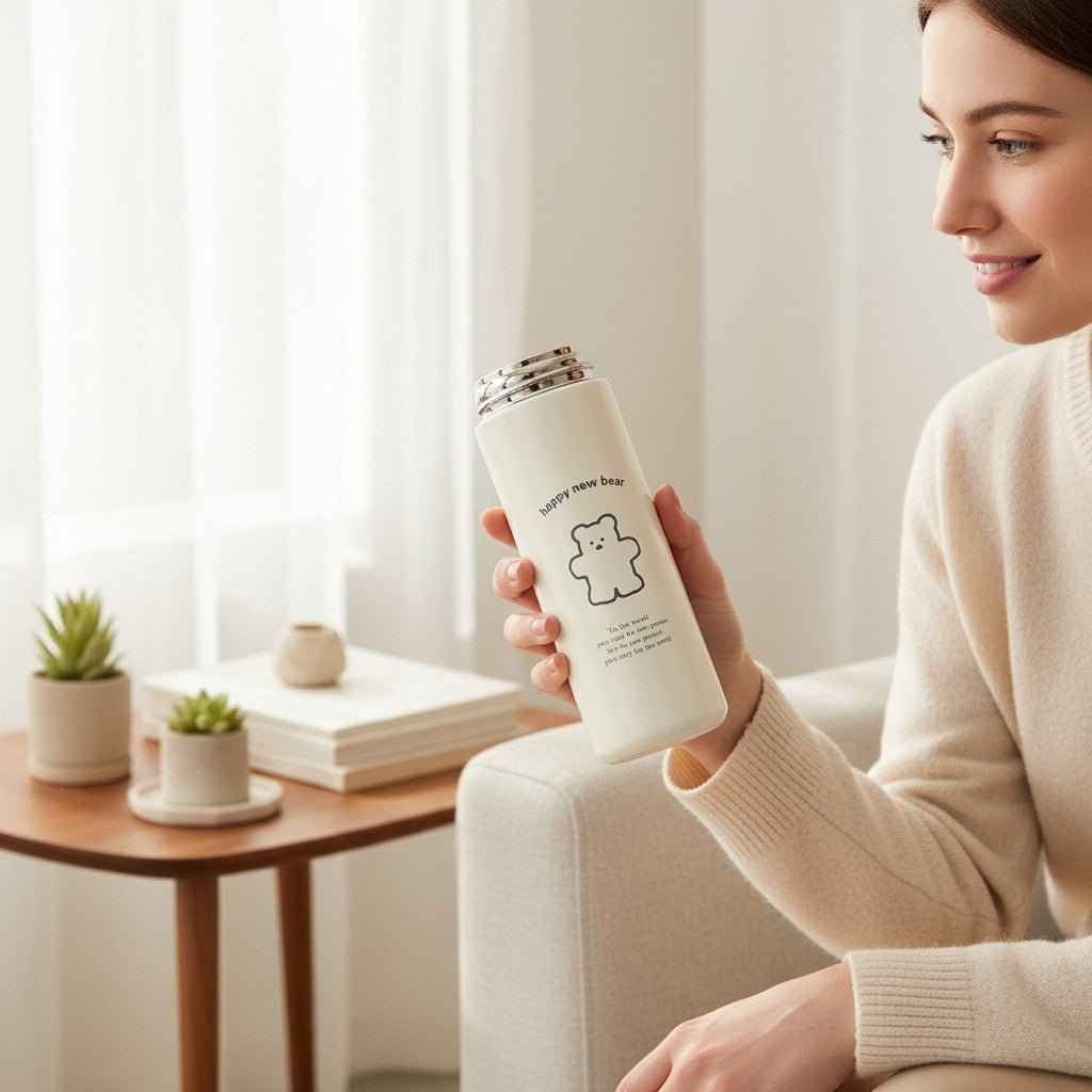 Shaketea travel Flask water bottle, white vacuum insulated with bear graphic and flip lid on Tampa Home & Garden Store