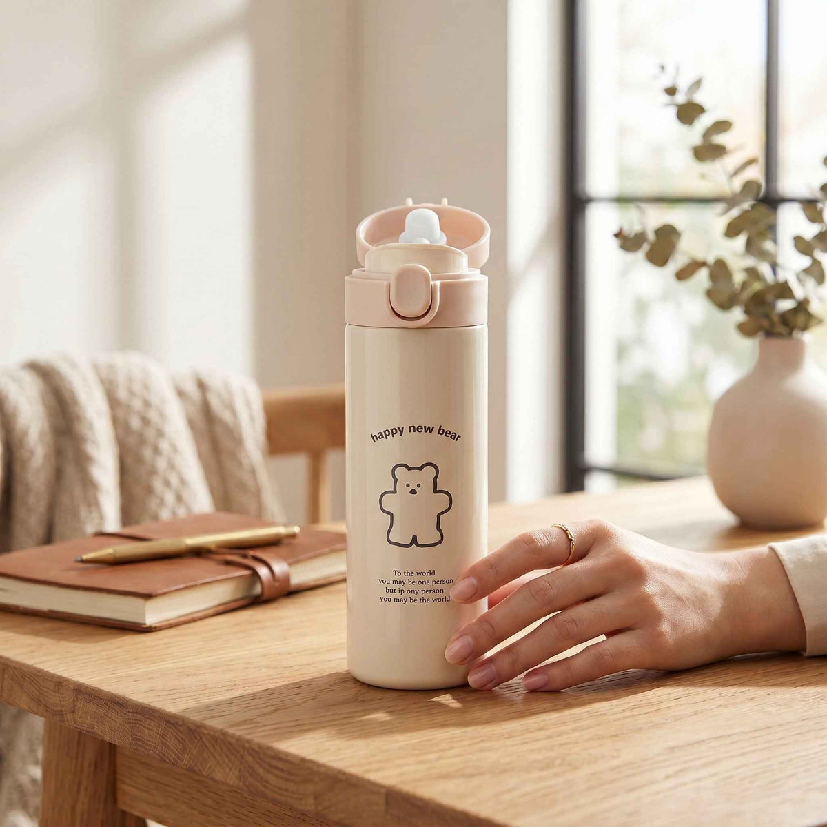 Shaketea cute bear travel flask pink vacuum insulated water bottle with flip top lid on Tampa Home & Garden Store