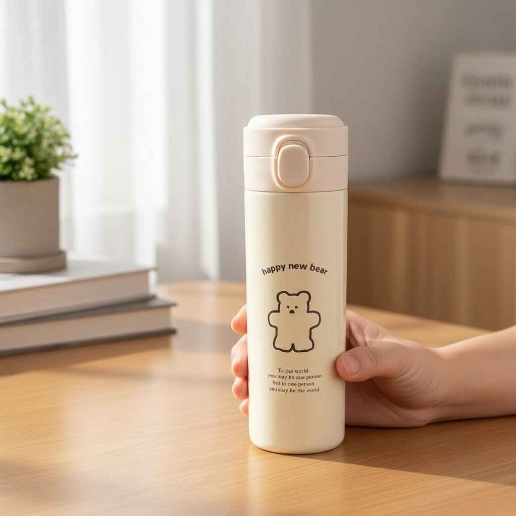 Cute Bear Travel Flask water bottle by Shaketea, beige vacuum-insulated with flip-top lid on Tampa Home & Garden Store