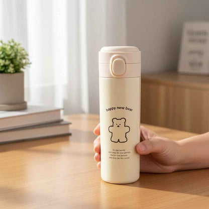 Cute Bear Travel Flask water bottle by Shaketea, beige vacuum-insulated with flip-top lid on Tampa Home & Garden Store