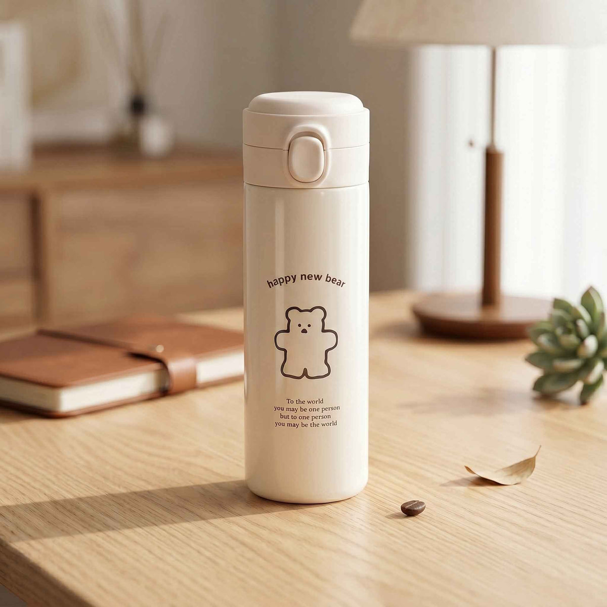 Cute Bear Travel Flask water bottle by Shaketea, white vacuum insulated with flip top lid on Tampa Home & Garden Store