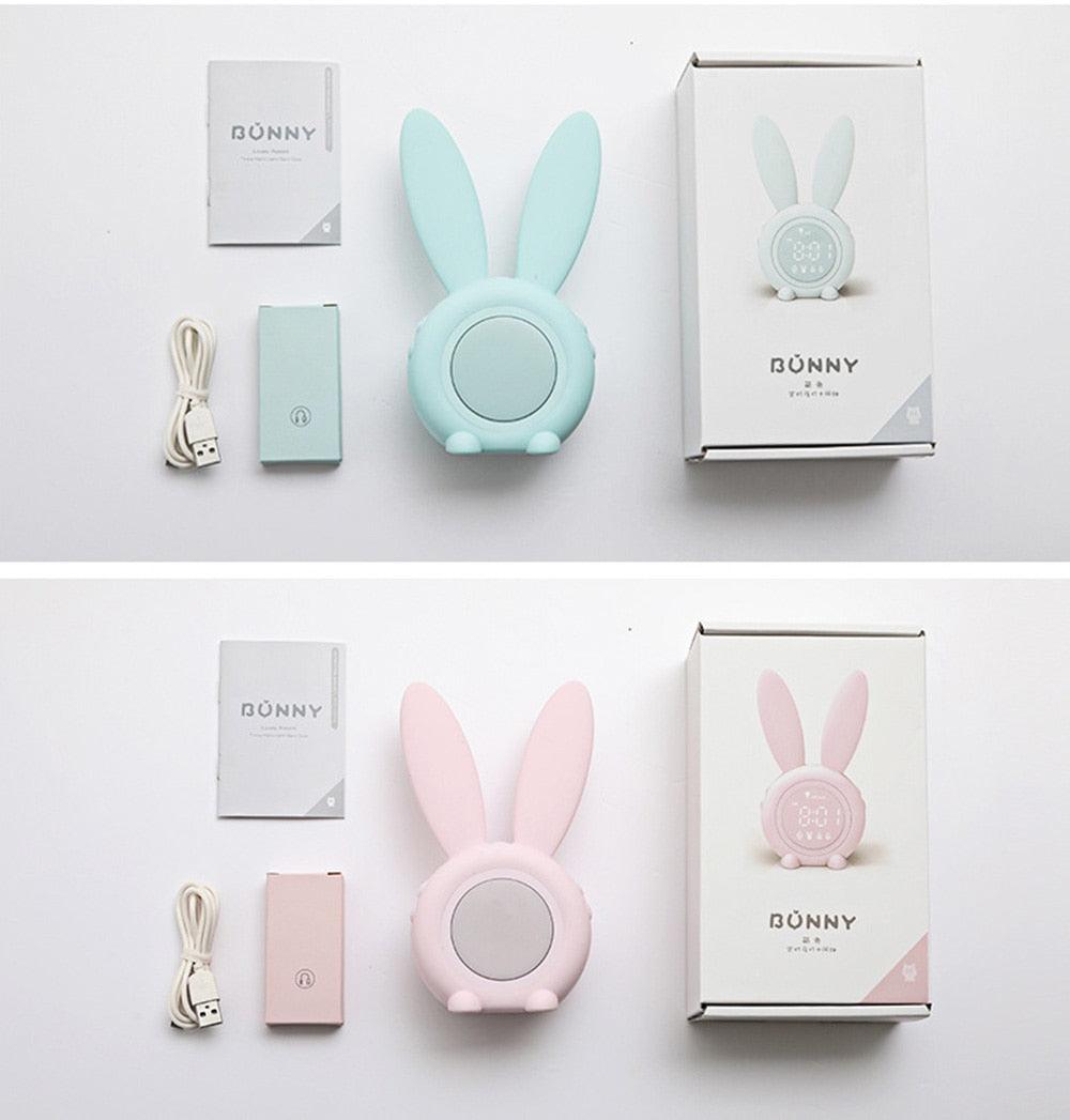 Stevvex bunny ear LED alarm clock for kids in aqua and pink with USB cable and manuals, 2-pack on Tampa Home & Garden Store
