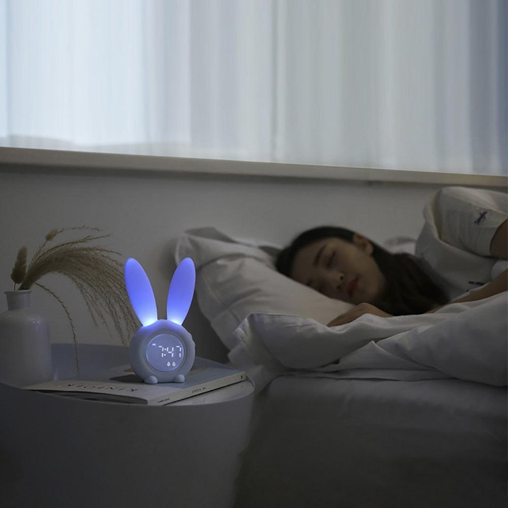 Bunny ear LED alarm clock Stevvex STCC785MGN with USB night light on bedside table on Tampa Home & Garden Store