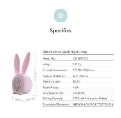 Pink bunny-ear LED alarm clock by Stevvex, kid clock with touch control and night light on Tampa Home & Garden Store