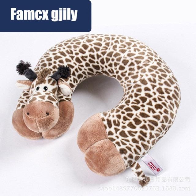 Giraffe plush U-shaped travel neck pillow with soft head and hooves in brown spotted fabric on Tampa Home & Garden Store