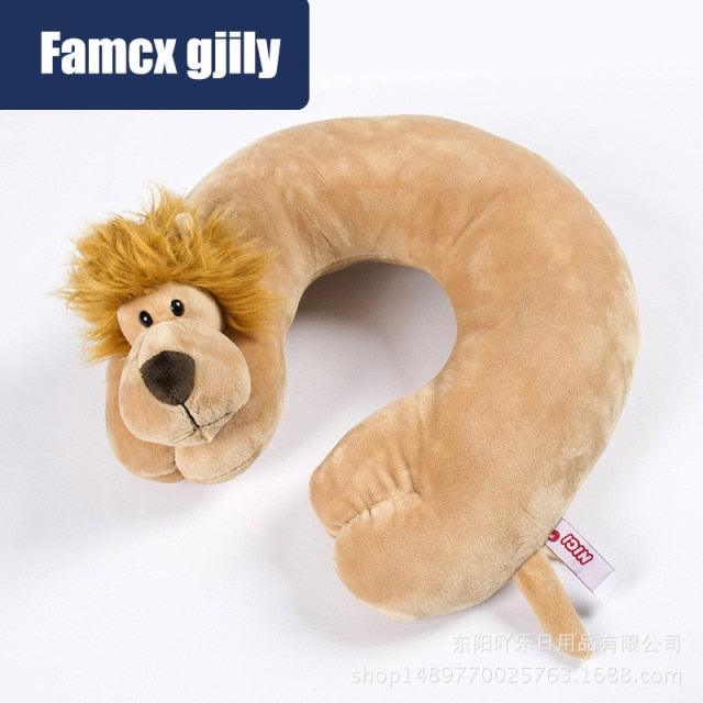 Stevvex U-shaped travel neck pillow with a cute lion plush head on beige fabric on Tampa Home & Garden Store