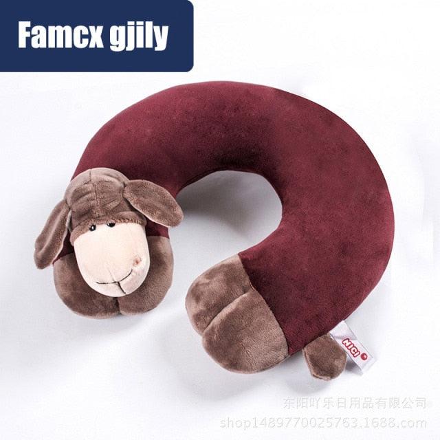 U-shaped burgundy travel neck pillow with an attached plush sheep head for snug naps on Tampa Home & Garden Store