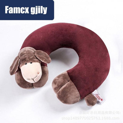 U-shaped burgundy travel neck pillow with an attached plush sheep head for snug naps on Tampa Home & Garden Store
