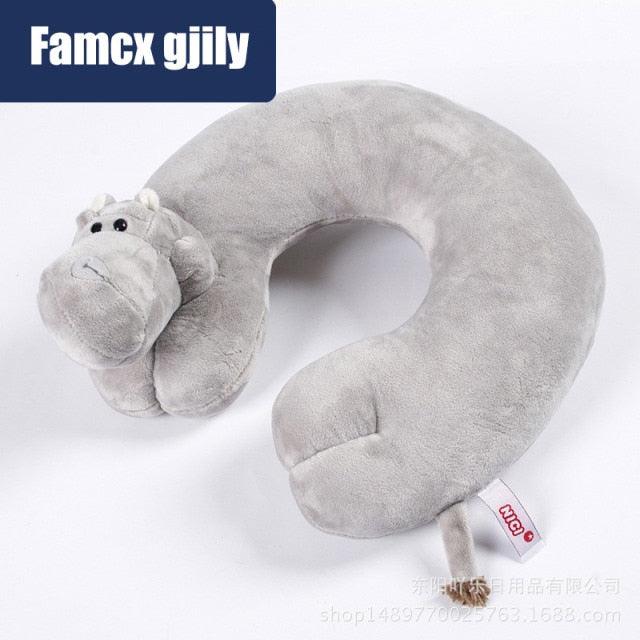 Stevvex grey plush U-shaped travel neck pillow with animal head; soft neck support for car naps on Tampa Home & Garden Store