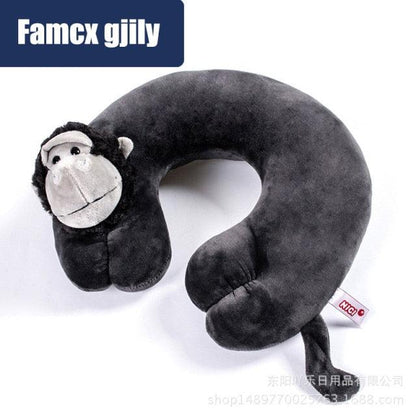 Travel neck pillow with black plush monkey head by Stevvex, U-shaped neck support on Tampa Home & Garden Store