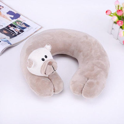 Cute cartoon animal U-shaped travel pillow with beige plush and white bear head by Stevvex on Tampa Home & Garden Store