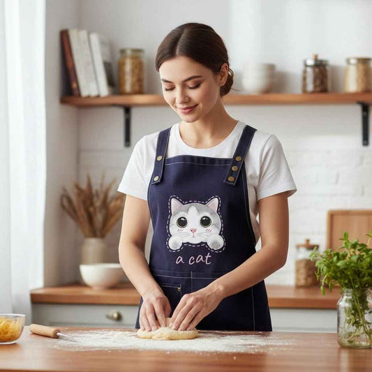 Cat Apron by Shaketea in navy canvas with a cute cat face and 3 pockets on Tampa Home & Garden Store