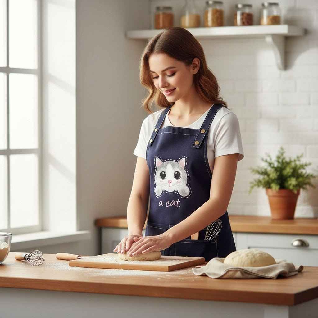 Cute Cat Apron navy canvas with cartoon cat graphic for baking and cooking on Tampa Home & Garden Store