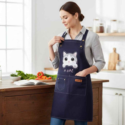 Cat apron by Shaketea in navy durable canvas with cute cat graphic and 3 pockets on Tampa Home & Garden Store