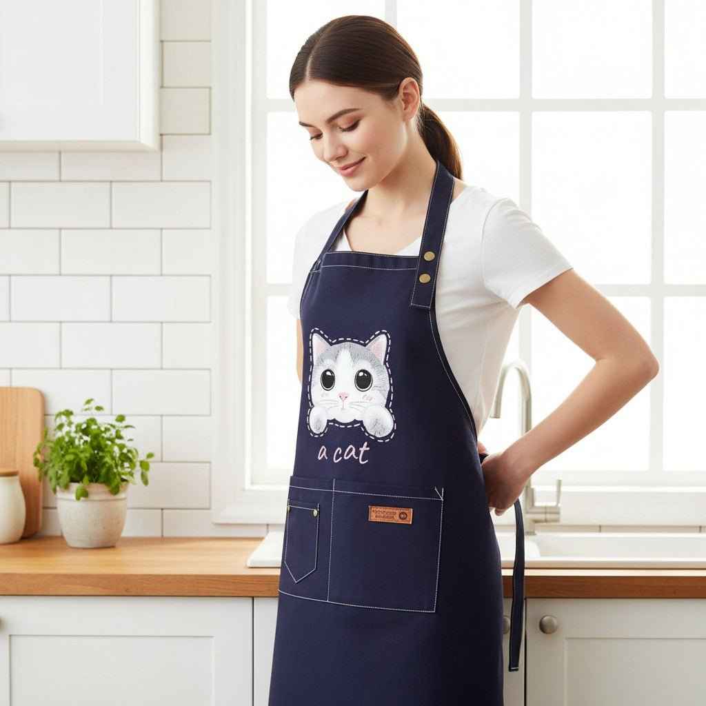 Shaketea Cat Apron navy canvas with cute cat graphic and 3 pockets on front on Tampa Home & Garden Store