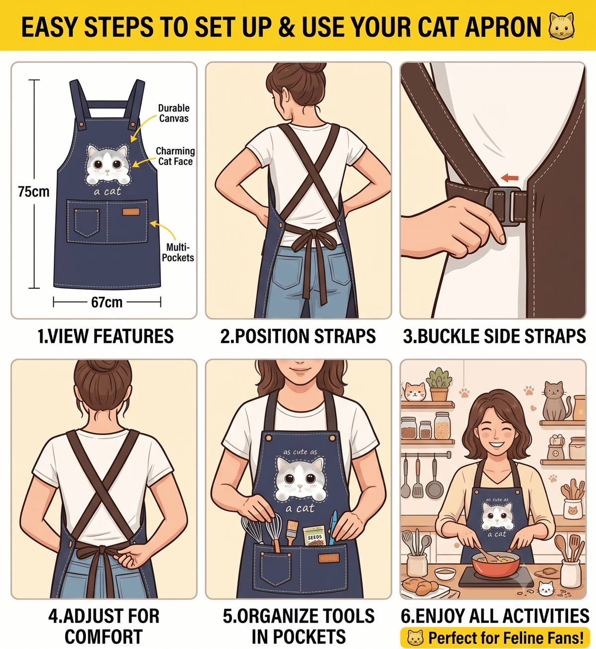 Cute Cat Apron by Shaketea, durable canvas with 3 pockets and cat-face motif, cross-back straps on Tampa Home & Garden Store