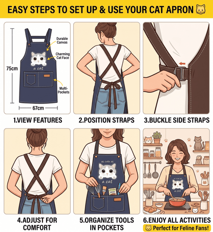 Cute Cat Apron by Shaketea, durable canvas with 3 pockets and cat-face motif, cross-back straps on Tampa Home & Garden Store