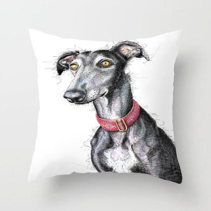Dog portrait pillowcase greyhound with red collar, cotton-linen 45x45cm Stevvex ST50DE8866HLI on Tampa Home & Garden Store