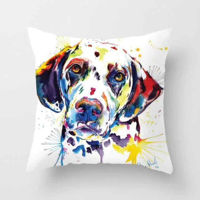 Pillowcase Stevvex dog art in white cotton-linen with rainbow watercolor puppy portrait 45x45cm on Tampa Home & Garden Store