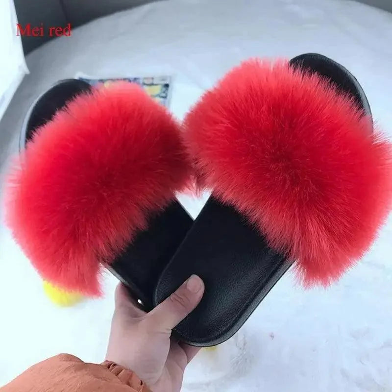 Stevvex women's red fluffy fur slide slippers with black sole for indoor wear on Tampa Home & Garden Store