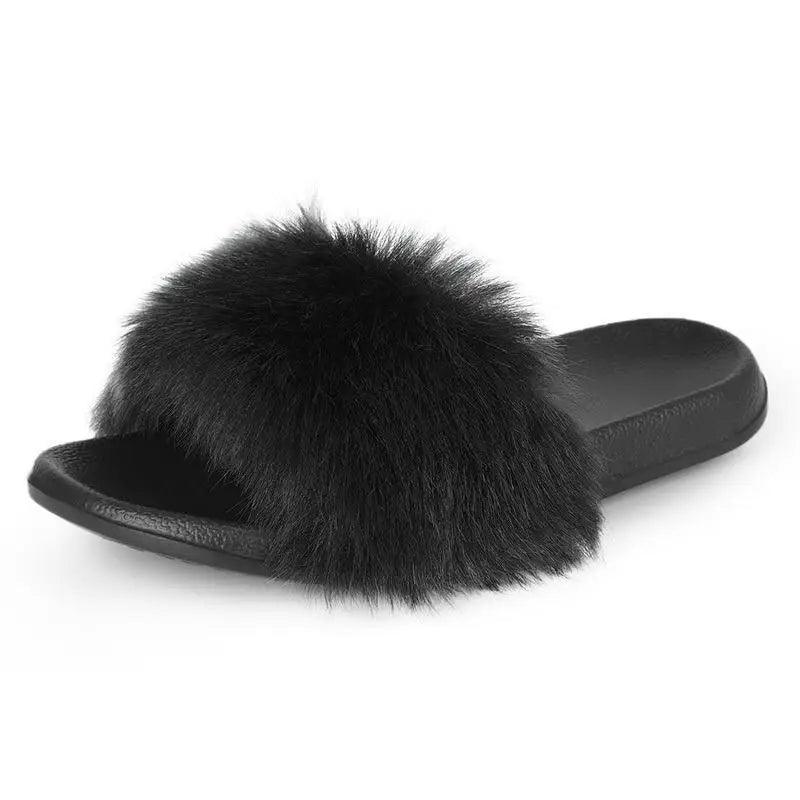 Fluffy black ladies indoor slippers with fur strap by Stevvex, flat slide on Tampa Home & Garden Store