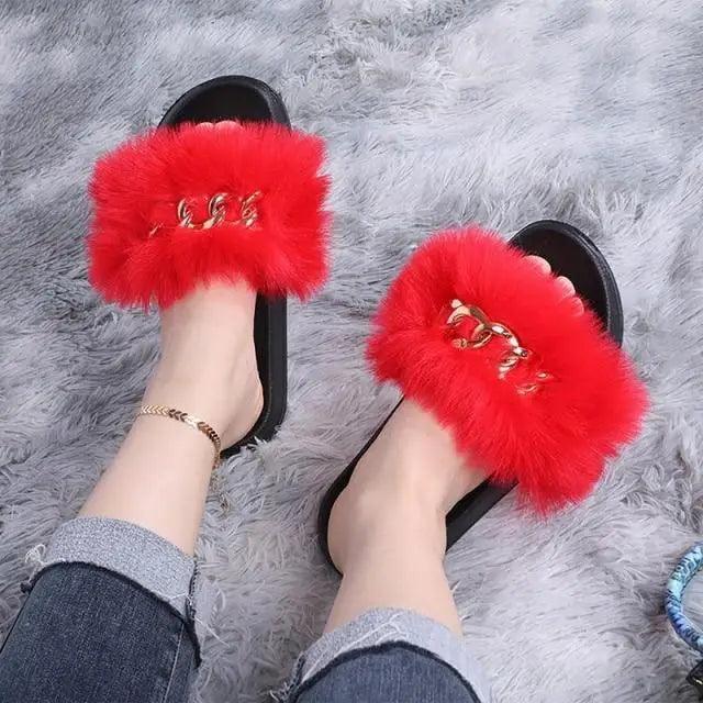 Slippers Stevvex red fluffy fur slides, pair with gold chain on black soles on Tampa Home & Garden Store