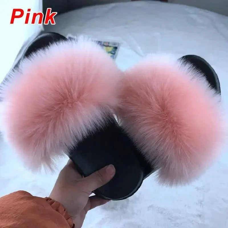 Slippers pink fluffy fur pom-pom indoor slides by Stevvex, black base, cozy luxury look on Tampa Home & Garden Store