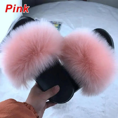 Slippers pink fluffy fur pom-pom indoor slides by Stevvex, black base, cozy luxury look on Tampa Home & Garden Store
