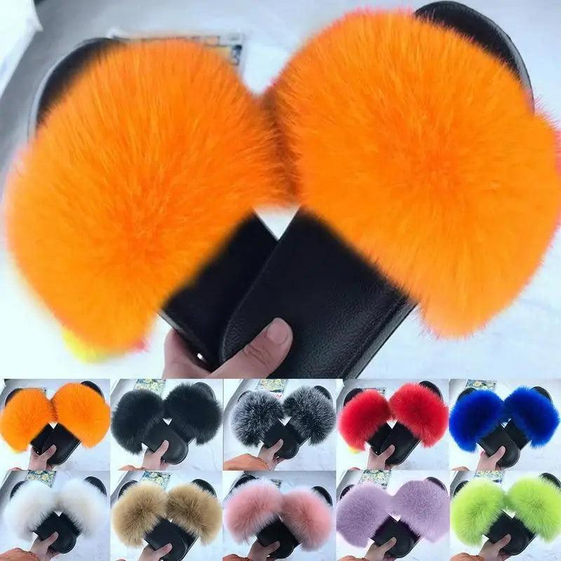 Stevvex fluffy fur slide slippers for women orange pom-pom pair on black sole on Tampa Home & Garden Store