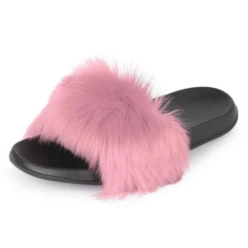Stevvex fluffy pink indoor slippers with fur strap, black sole on Tampa Home & Garden Store