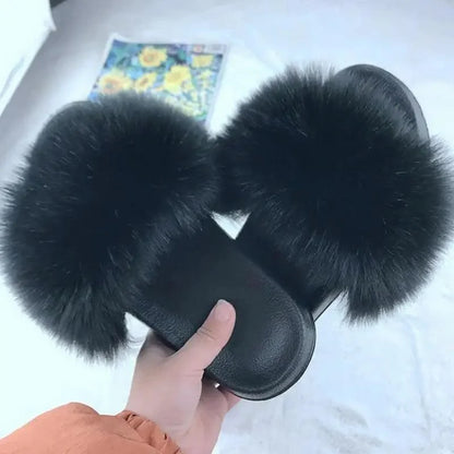 Stevvex women's fluffy fur indoor slippers black fur pom-pom slides for warm comfort on Tampa Home & Garden Store