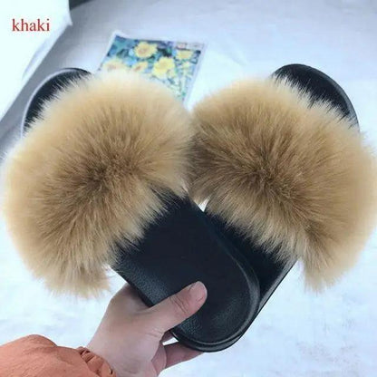 Furry plush flip flops Stevvex with khaki fur, black sole, women's indoor slippers, 1 pair on Tampa Home & Garden Store