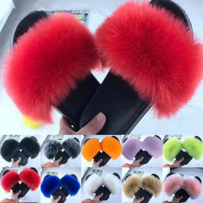 Fluffy fur slippers red pom-pom indoor slippers for women by Stevvex on Tampa Home & Garden Store