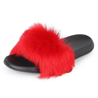 Women's fluffy red fur slide slippers by Stevvex with black cushioned sole on Tampa Home & Garden Store
