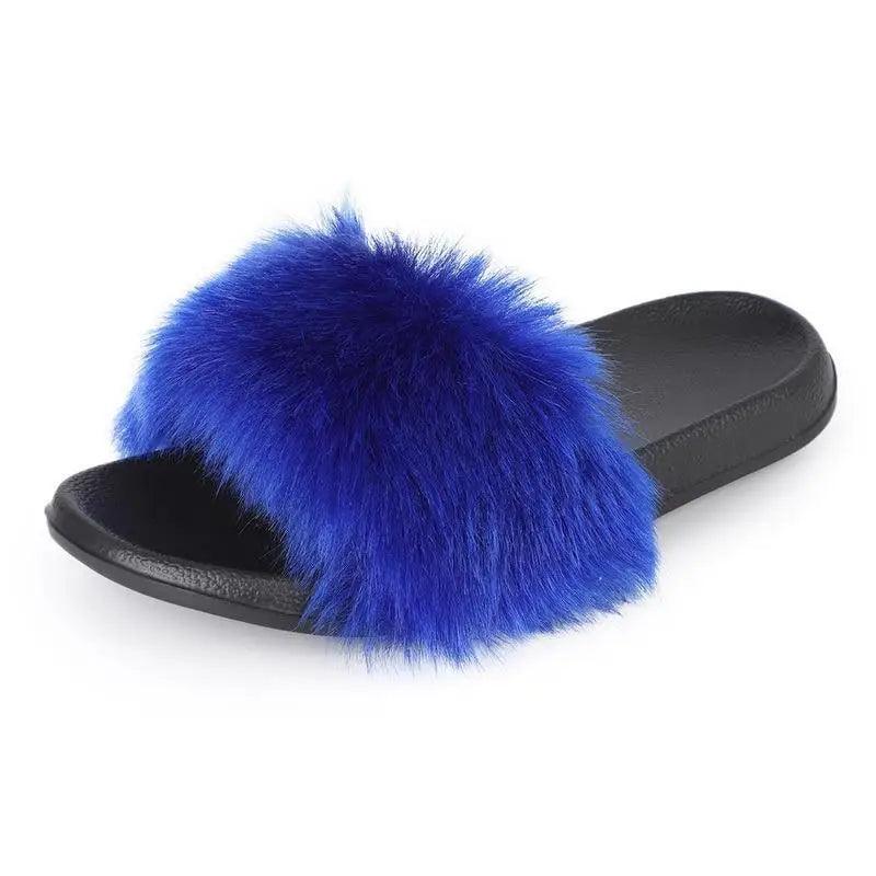 Fluffy fur slide slippers blue with black sole Stevvex indoor women's slippers on Tampa Home & Garden Store