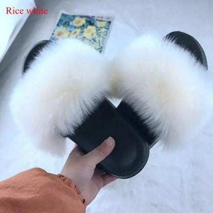 Fluffy indoor slippers Stevvex white fur strap black sole cozy warm ladies slippers on Tampa Home & Garden Store