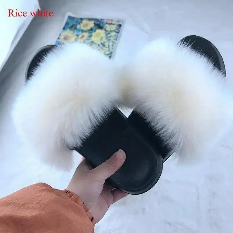 Fluffy fur slippers Stevvex black slide with white faux fur trim indoor slippers on Tampa Home & Garden Store