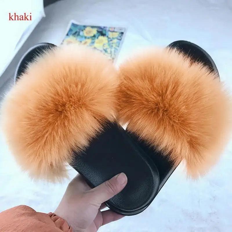 Slippers Stevvex fluffy orange fur slides pair with black sole on Tampa Home & Garden Store