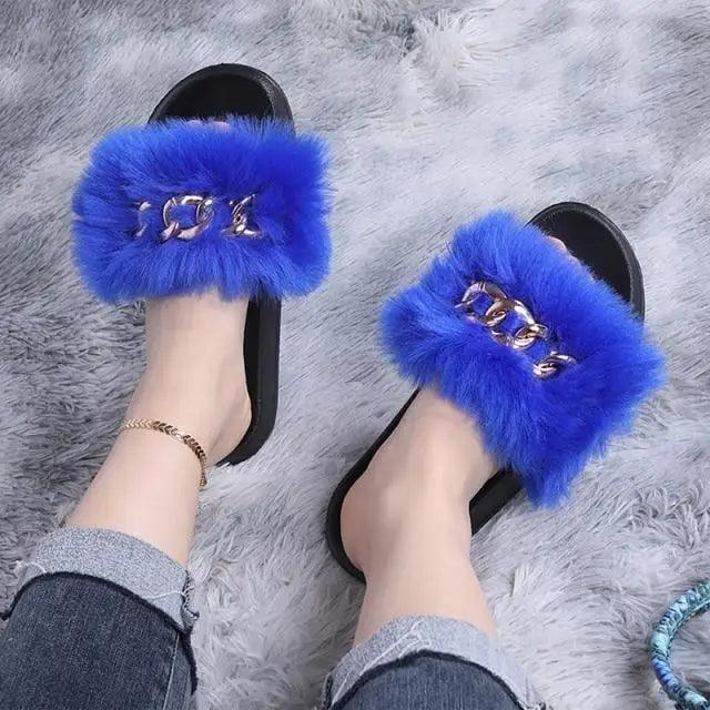 Stevvex blue fluffy fur slides with silver chain indoor slippers on Tampa Home & Garden Store