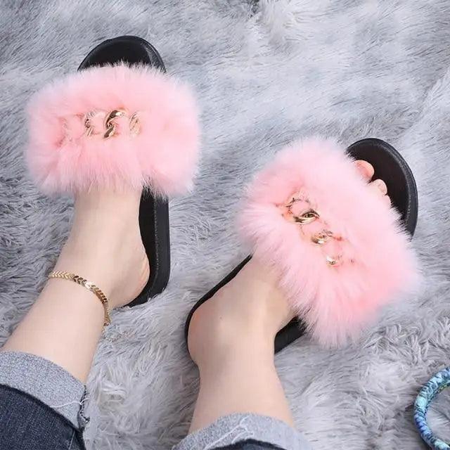 Pink fluffy indoor slippers Stevvex with fur strap, soft flat flip flops for women on Tampa Home & Garden Store